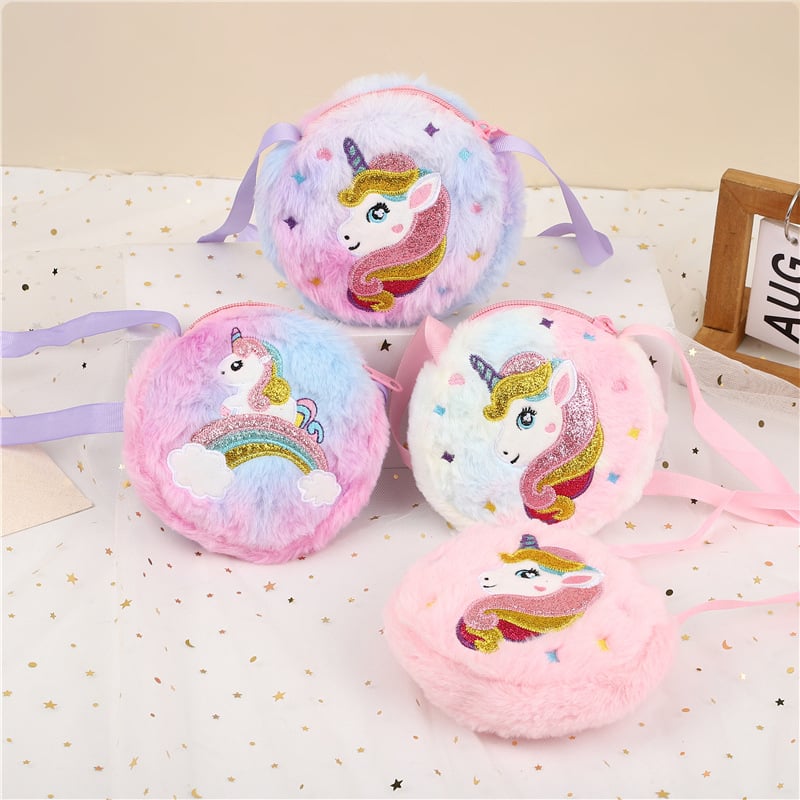 Okružna pliš torbica preko ramena s jednorogom za djevojčice – svakodnevni sladak stil, materijal pliš, podstava polietilen, uzorak jednorog, pogodna za vrtić