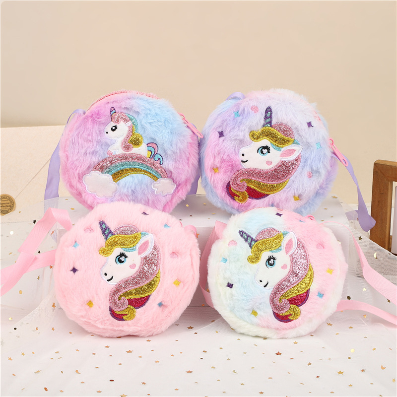 Okružna pliš torbica preko ramena s jednorogom za djevojčice – svakodnevni sladak stil, materijal pliš, podstava polietilen, uzorak jednorog, pogodna za vrtić