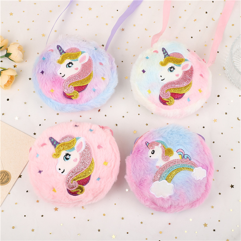 Okružna pliš torbica preko ramena s jednorogom za djevojčice – svakodnevni sladak stil, materijal pliš, podstava polietilen, uzorak jednorog, pogodna za vrtić