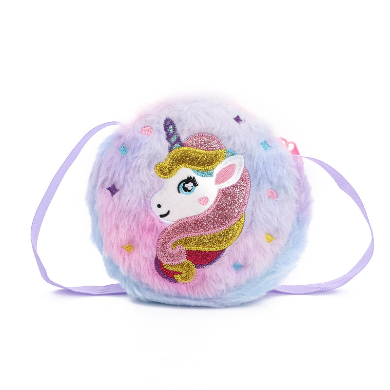 Okružna pliš torbica preko ramena s jednorogom za djevojčice – svakodnevni sladak stil, materijal pliš, podstava polietilen, uzorak jednorog, pogodna za vrtić