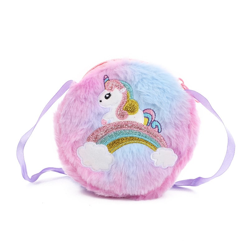 Okružna pliš torbica preko ramena s jednorogom za djevojčice – svakodnevni sladak stil, materijal pliš, podstava polietilen, uzorak jednorog, pogodna za vrtić