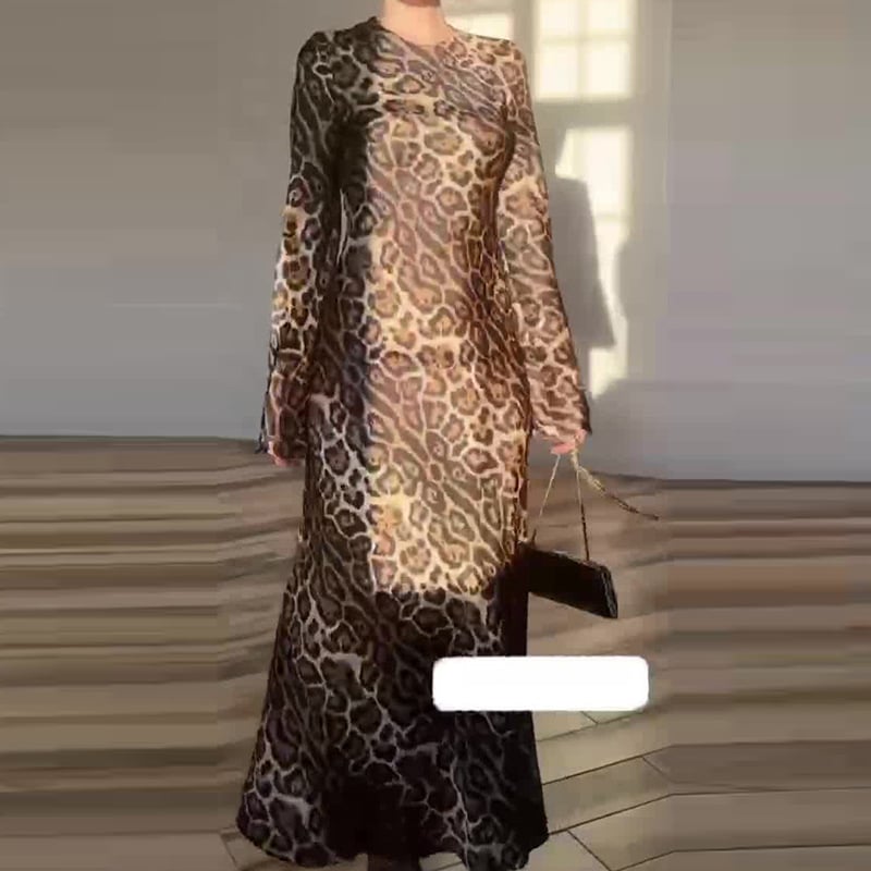 Polüestersest kleit ümmarguse kaelusega, pikkade varrukatega, kõrge talje ja pikk samm-kõrgusega seelik