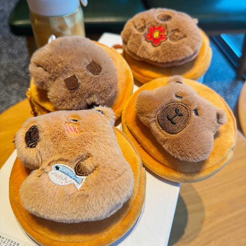 Portofel pluș în formă de capybara, cu suport pentru carduri și buzunar pentru căști, design proaspăt și drăguț