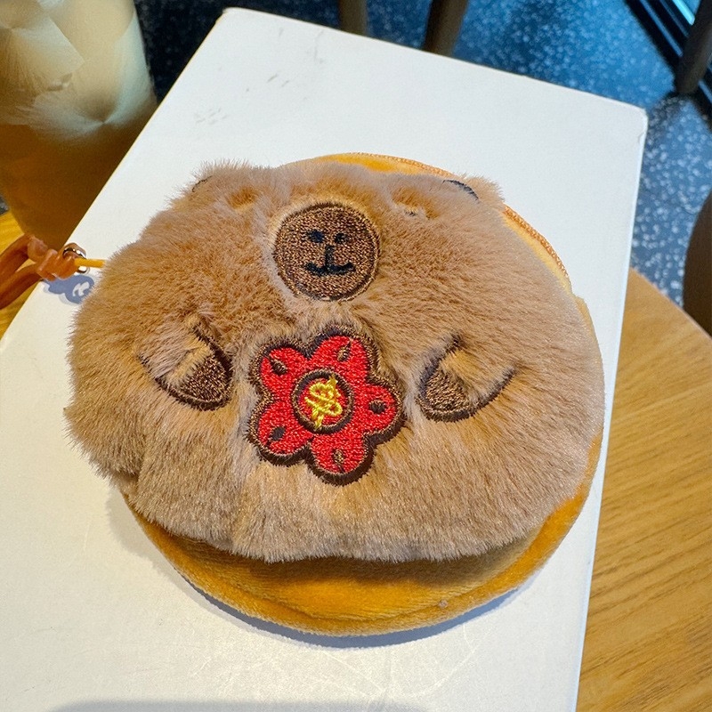 Portofel pluș în formă de capybara, cu suport pentru carduri și buzunar pentru căști, design proaspăt și drăguț