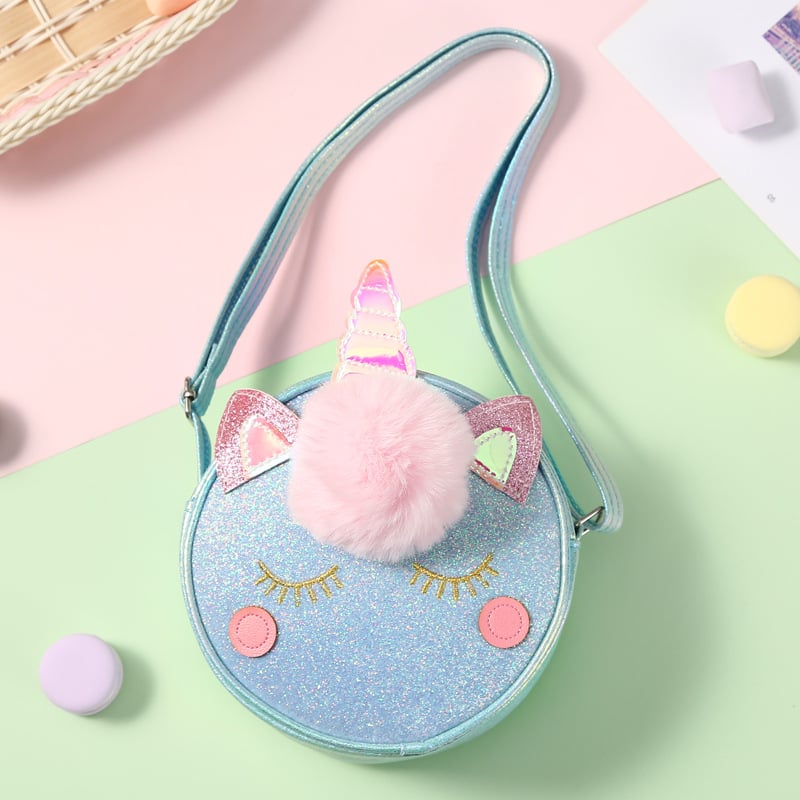 Geantă crossbody pentru copii cu unicorn — piele PU, model dungat, stil copilăros și drăguț, capacitate sub 20L, cinci curele de purtare