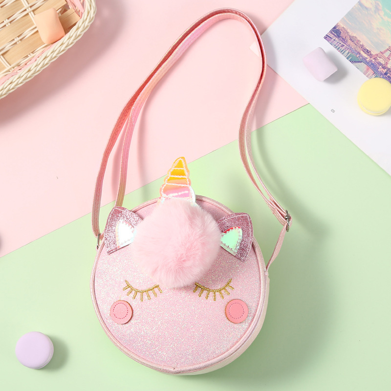 Geantă crossbody pentru copii cu unicorn — piele PU, model dungat, stil copilăros și drăguț, capacitate sub 20L, cinci curele de purtare