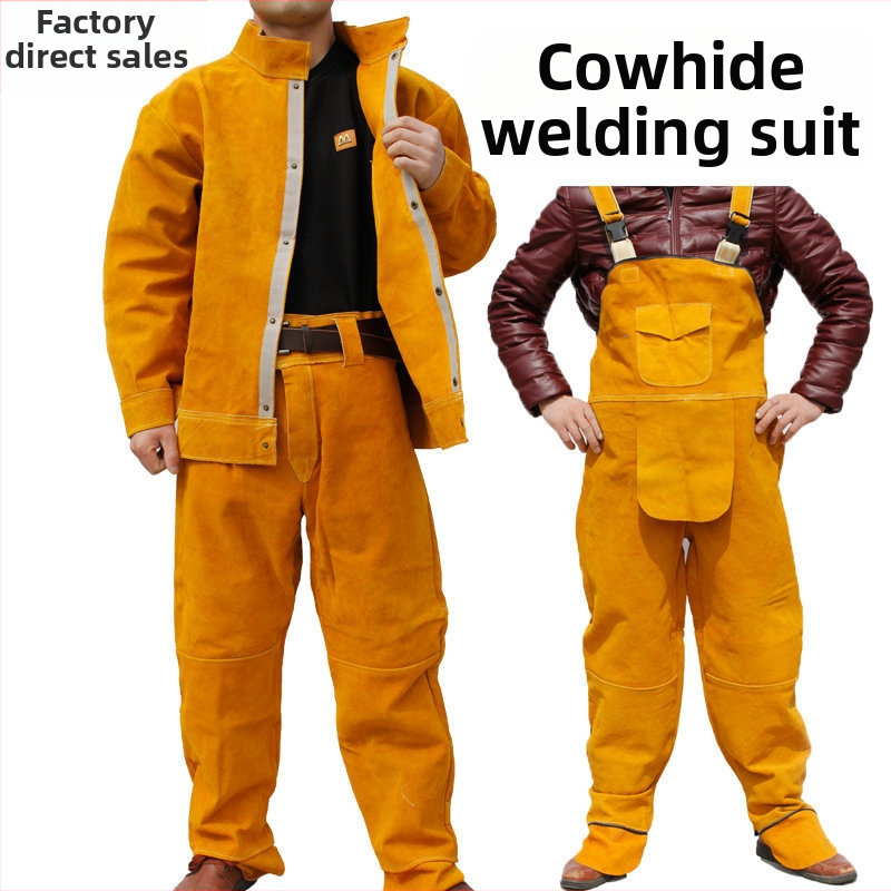 Haiyu Защитно облекло за заваряване от телешка кожа с дълги ръкави и защитна престилка, термоизолация и износоустойчивост