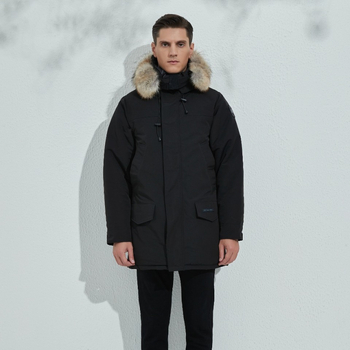 Geacă de puf cu umplutură din puf de gâscă alb, 360 g, țesătură exterioară 90% bumbac, impermeabilă și rezistentă la frig (-30°C până la -15°C), cu glugă, lungă