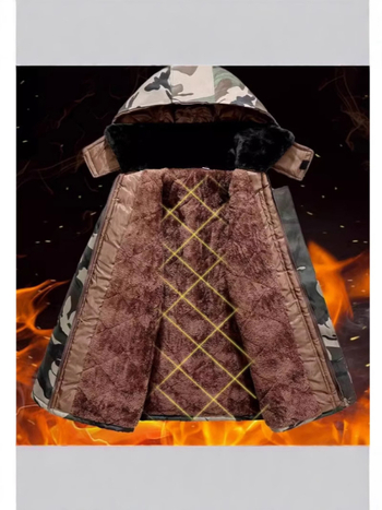 Palton din bumbac pentru bărbați, model camuflaj, cu glugă, căptușeală fleece, lungime medie