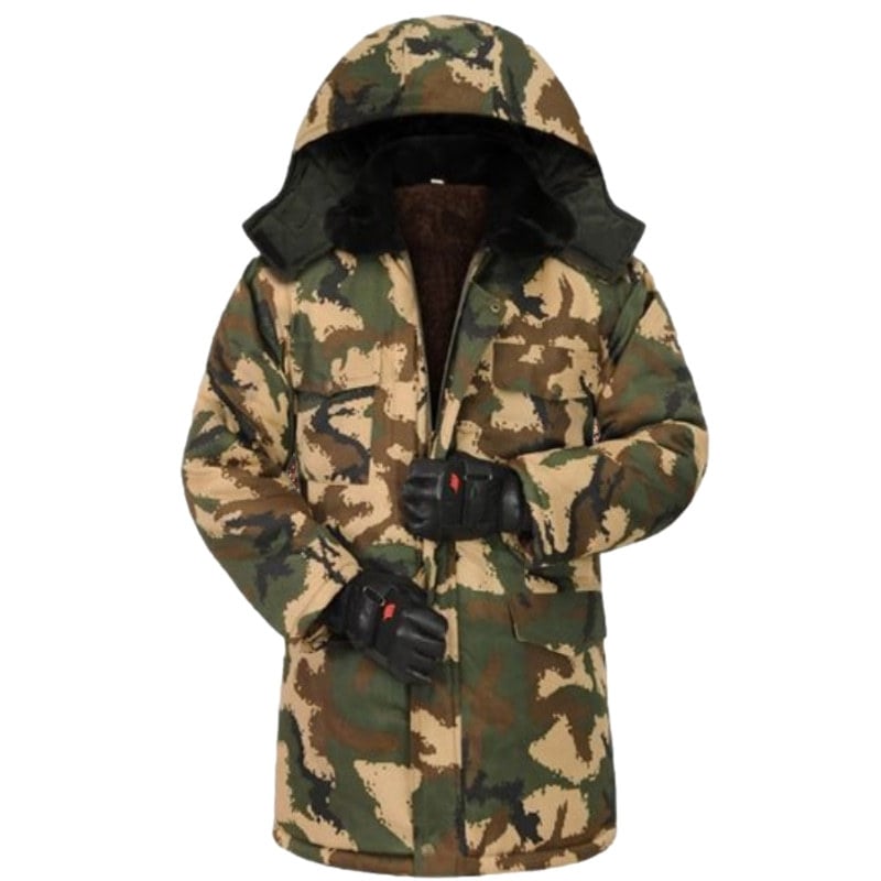 Palton din bumbac pentru bărbați, model camuflaj, cu glugă, căptușeală fleece, lungime medie