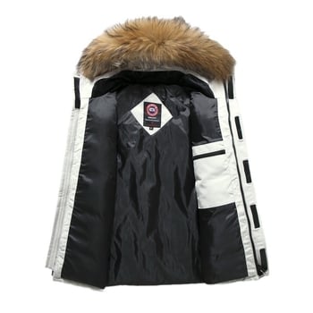 Geacă scurtă de bărbați din puf, cu blană artificială groasă, umplutură din puf de rață alb, 86–90% cașmir, respirabilă, impermeabilă, rezistentă la frig