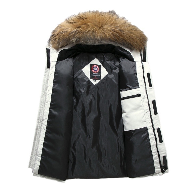 Geacă scurtă de bărbați din puf, cu blană artificială groasă, umplutură din puf de rață alb, 86–90% cașmir, respirabilă, impermeabilă, rezistentă la frig