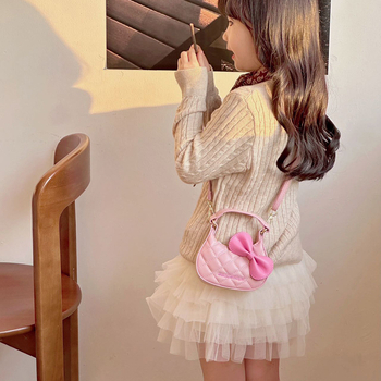 Детска чанта през рамо с принт на коте, квилтиран дизайн и панделка аксесоар, PU материал, унисекс за деца в детска градина