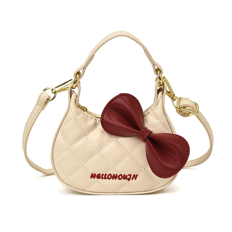 Детска чанта през рамо с принт на коте, квилтиран дизайн и панделка аксесоар, PU материал, унисекс за деца в детска градина