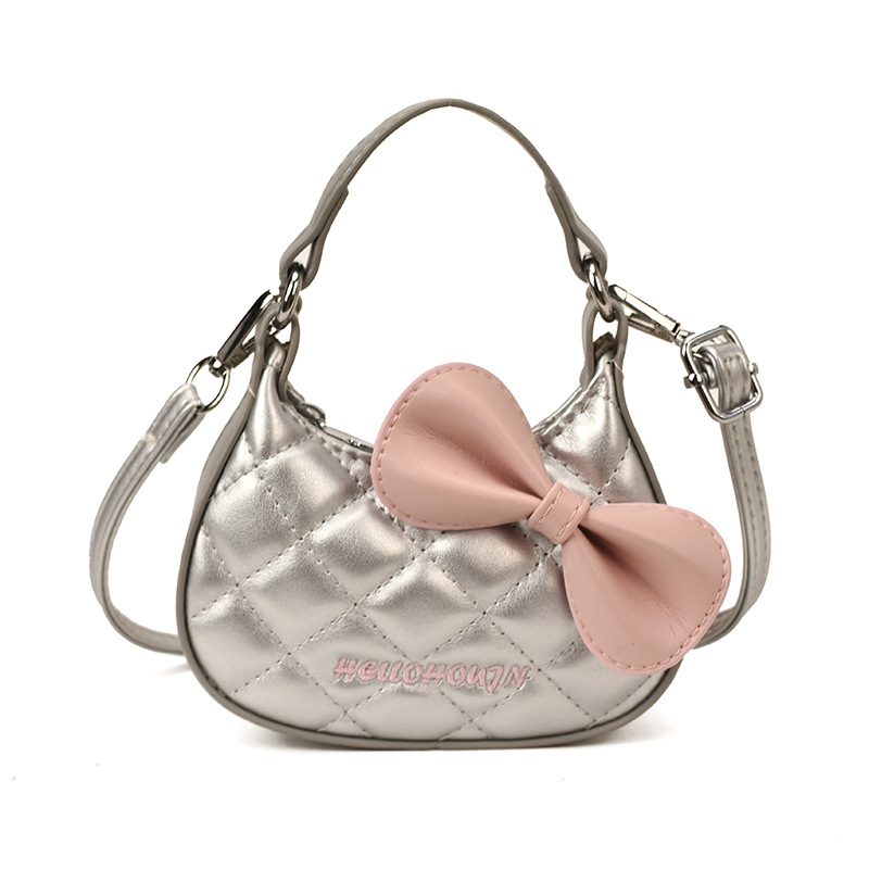 Детска чанта през рамо с принт на коте, квилтиран дизайн и панделка аксесоар, PU материал, унисекс за деца в детска градина