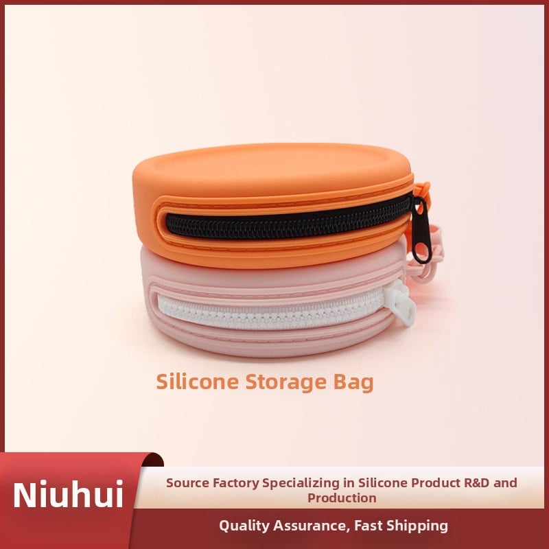 Силиконово портмоне за монети с цип, кръгла форма и ключодържател; вътрешна част за монети, стил градска простота