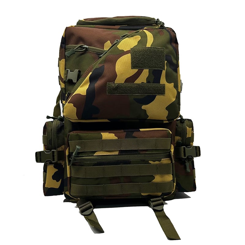Водоустойчив тактически ранец с камуфляжен дизайн и голям капацитет; Oxford плат; подплата полиестер; дишащ, водоустойчив, износоустойчив, намалява натоварването.