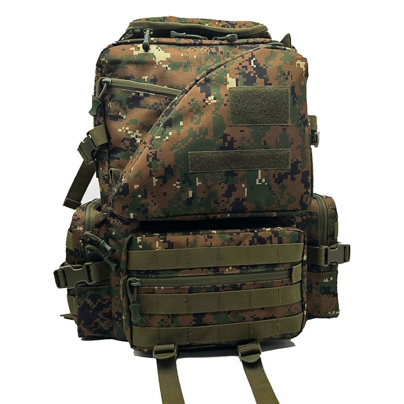 Водоустойчив тактически ранец с камуфляжен дизайн и голям капацитет; Oxford плат; подплата полиестер; дишащ, водоустойчив, износоустойчив, намалява натоварването.