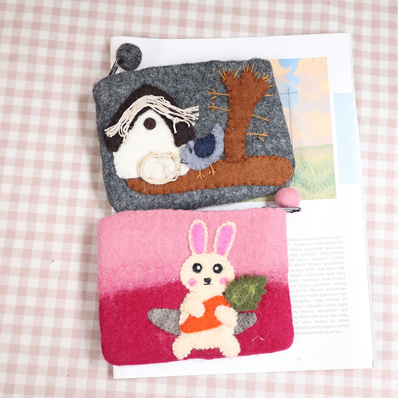 Портмоне от вълнен филц с животински мотиви, горски стил, за монети и карти