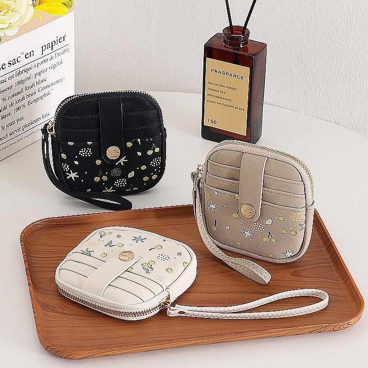 Монетник от PU кожа с плодова шарка, дамски Pretty — ултралек, защита срещу кражба, разширяем