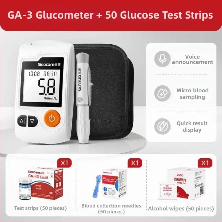 Sannuo GA-3 Veresuhkru/glükoosimõõtja häälega juhendamisega, koodi-vaba, täielikult automaatne, testiribadega, kogu riigi garantiiga