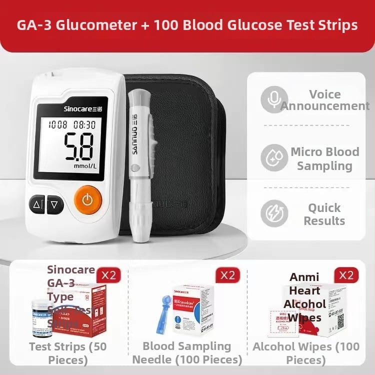 Sannuo GA-3 Veresuhkru/glükoosimõõtja häälega juhendamisega, koodi-vaba, täielikult automaatne, testiribadega, kogu riigi garantiiga