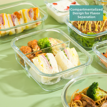 Xitianlong кутия за съхранение на храна CRISPER — боросиликатно стъкло + PP, микровълнова безопасна, квадратна с четири секции, капацитети 301–500 ml, 501–800 ml, 800–1000 ml