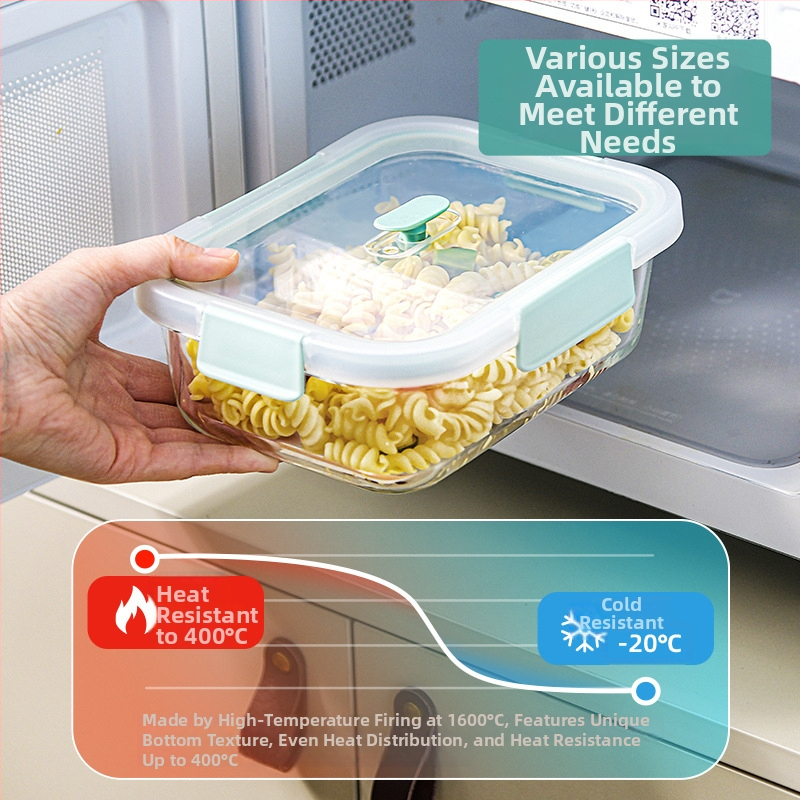 Xitianlong кутия за съхранение на храна CRISPER — боросиликатно стъкло + PP, микровълнова безопасна, квадратна с четири секции, капацитети 301–500 ml, 501–800 ml, 800–1000 ml