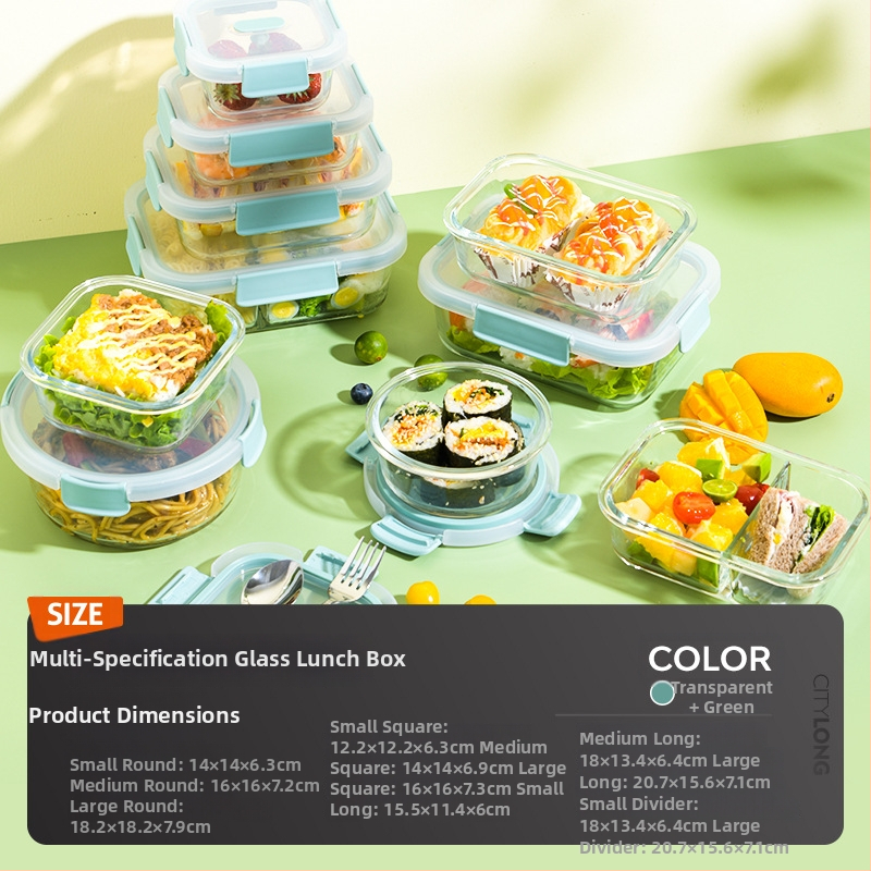 Xitianlong кутия за съхранение на храна CRISPER — боросиликатно стъкло + PP, микровълнова безопасна, квадратна с четири секции, капацитети 301–500 ml, 501–800 ml, 800–1000 ml