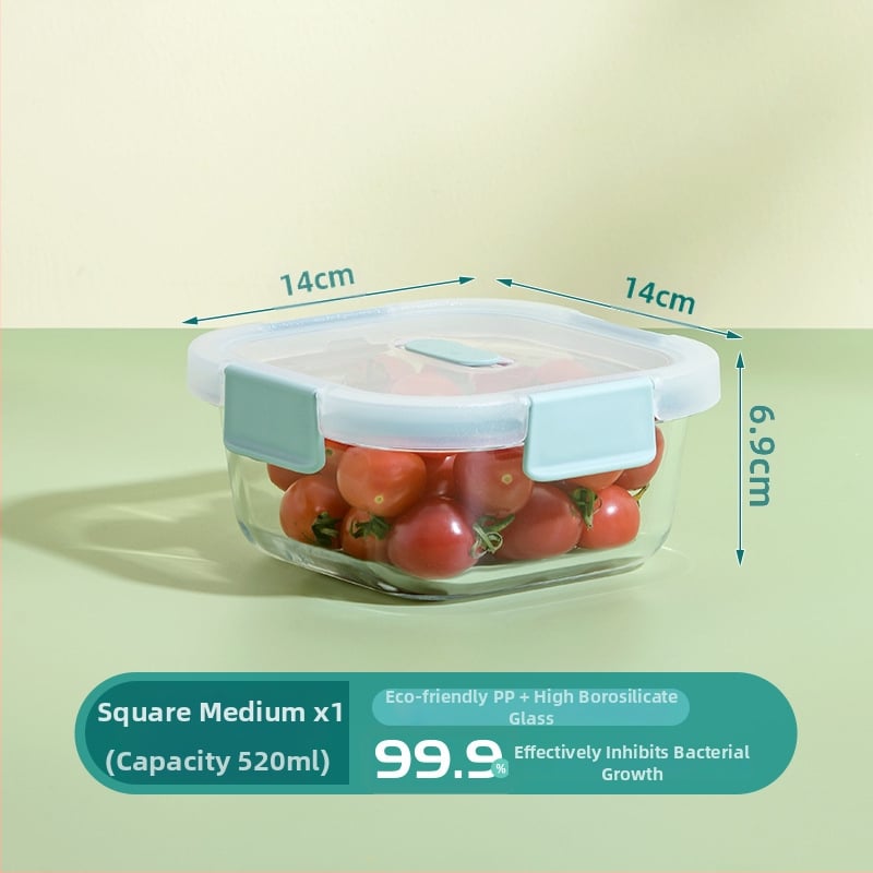 Xitianlong кутия за съхранение на храна CRISPER — боросиликатно стъкло + PP, микровълнова безопасна, квадратна с четири секции, капацитети 301–500 ml, 501–800 ml, 800–1000 ml