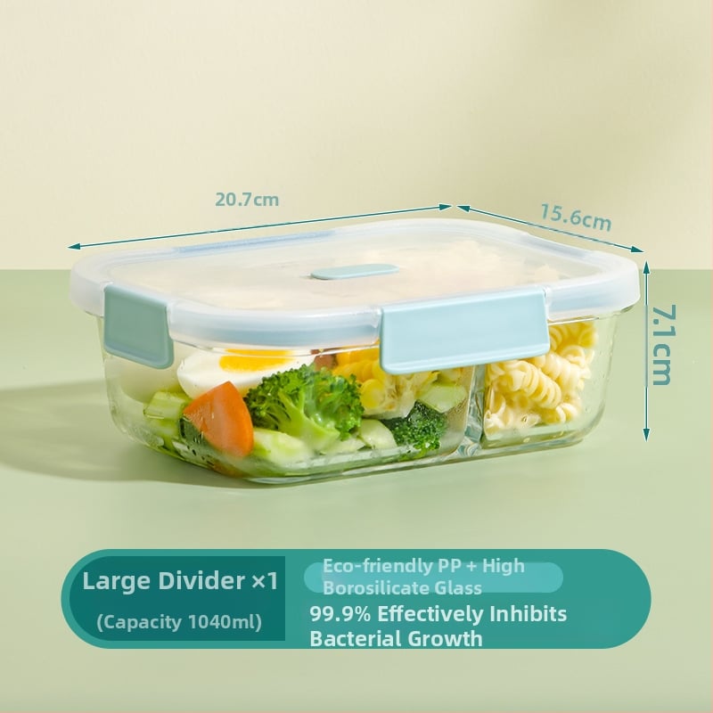 Xitianlong кутия за съхранение на храна CRISPER — боросиликатно стъкло + PP, микровълнова безопасна, квадратна с четири секции, капацитети 301–500 ml, 501–800 ml, 800–1000 ml