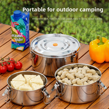 Кръгла кутия за обяд от 304 неръждаема стомана с уплътнение срещу протичане, микровълнова безопасна, капацитет 1–2 л; подходяща за столова и пикник на открито.