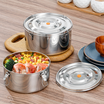 Кръгла кутия за обяд от 304 неръждаема стомана с уплътнение срещу протичане, микровълнова безопасна, капацитет 1–2 л; подходяща за столова и пикник на открито.