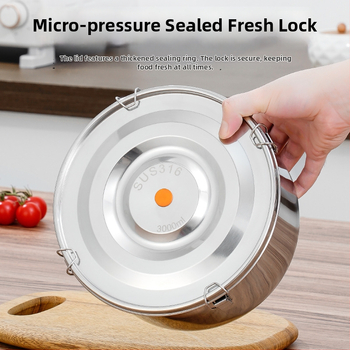 Кръгла кутия за обяд от 304 неръждаема стомана с уплътнение срещу протичане, микровълнова безопасна, капацитет 1–2 л; подходяща за столова и пикник на открито.