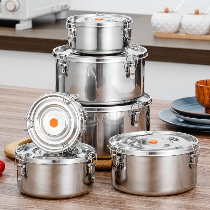 Кръгла кутия за обяд от 304 неръждаема стомана с уплътнение срещу протичане, микровълнова безопасна, капацитет 1–2 л; подходяща за столова и пикник на открито.