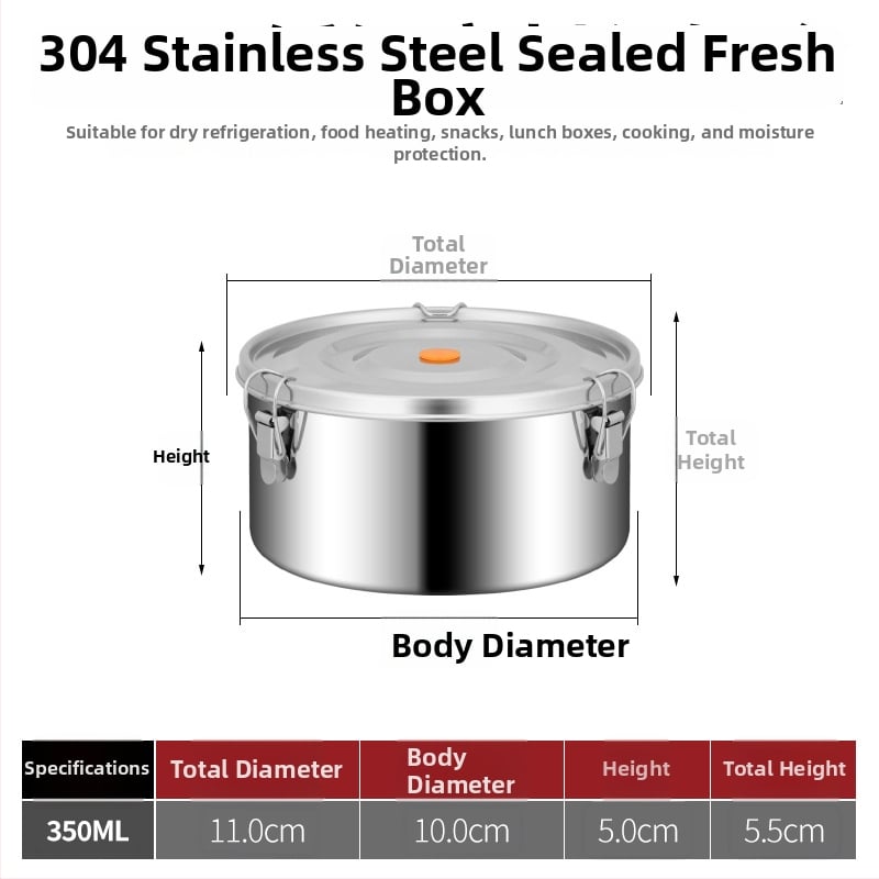 Кръгла кутия за обяд от 304 неръждаема стомана с уплътнение срещу протичане, микровълнова безопасна, капацитет 1–2 л; подходяща за столова и пикник на открито.