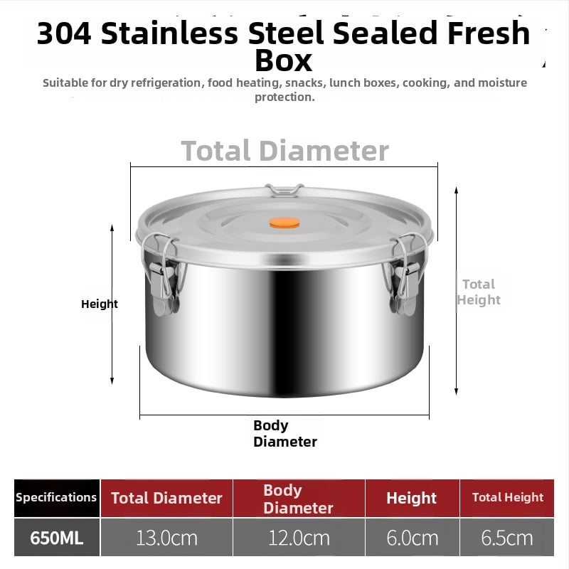 Кръгла кутия за обяд от 304 неръждаема стомана с уплътнение срещу протичане, микровълнова безопасна, капацитет 1–2 л; подходяща за столова и пикник на открито.