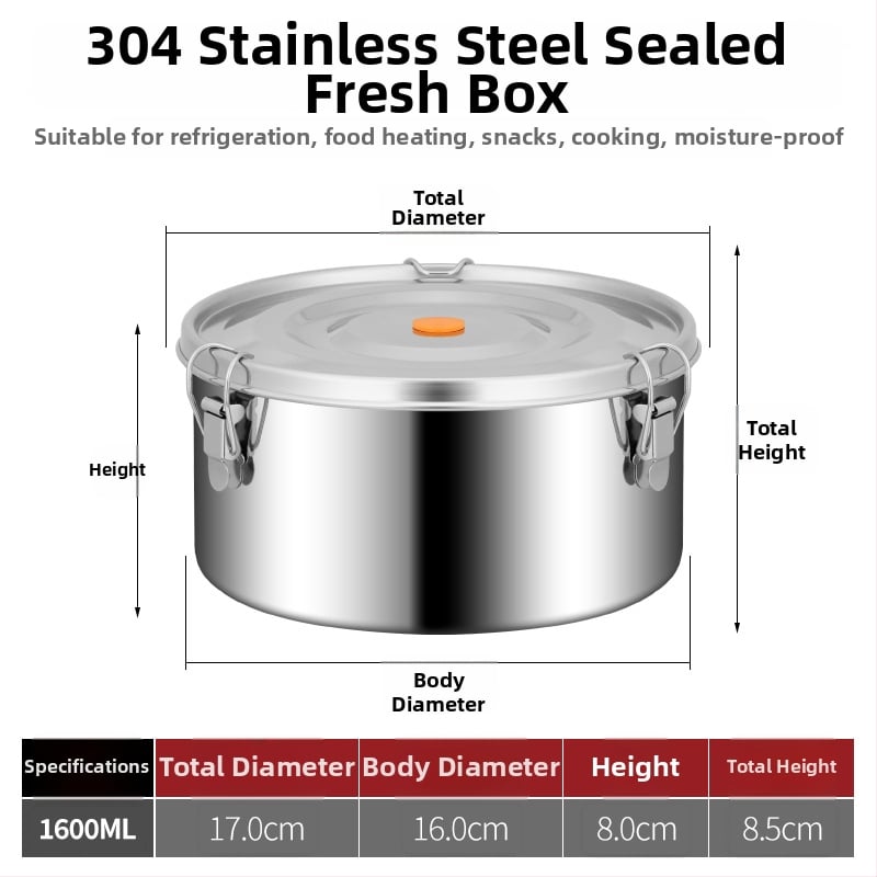 Кръгла кутия за обяд от 304 неръждаема стомана с уплътнение срещу протичане, микровълнова безопасна, капацитет 1–2 л; подходяща за столова и пикник на открито.