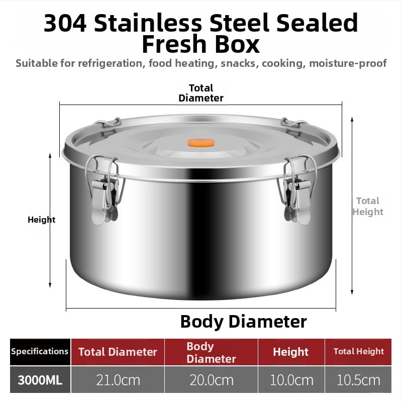 Кръгла кутия за обяд от 304 неръждаема стомана с уплътнение срещу протичане, микровълнова безопасна, капацитет 1–2 л; подходяща за столова и пикник на открито.