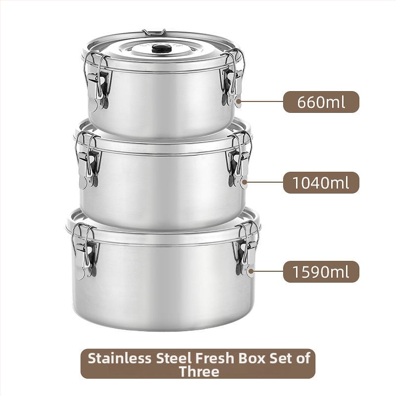 Кръгла кутия за обяд от 304 неръждаема стомана с уплътнение срещу протичане, микровълнова безопасна, капацитет 1–2 л; подходяща за столова и пикник на открито.