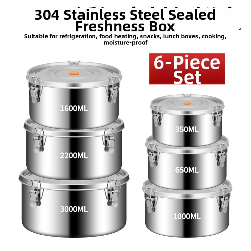 Кръгла кутия за обяд от 304 неръждаема стомана с уплътнение срещу протичане, микровълнова безопасна, капацитет 1–2 л; подходяща за столова и пикник на открито.