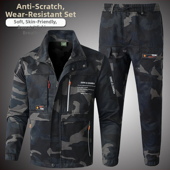 Costum de lucru exterior cu camuflaj pentru bărbați – buzunare mari, țesătură din amestec de bumbac (45% bumbac), căptușeală din bumbac (45%), respirabil, primăvară-toamnă, pentru atelier/fabrica (țesătură din amestec de bumbac; 45% bumbac în materialul de