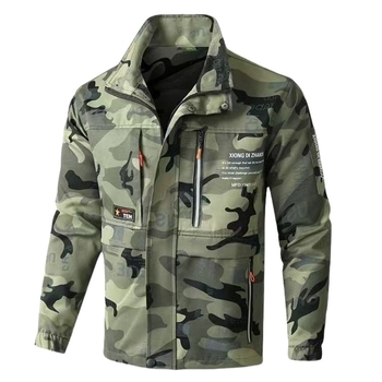 Costum de lucru exterior cu camuflaj pentru bărbați – buzunare mari, țesătură din amestec de bumbac (45% bumbac), căptușeală din bumbac (45%), respirabil, primăvară-toamnă, pentru atelier/fabrica (țesătură din amestec de bumbac; 45% bumbac în materialul de