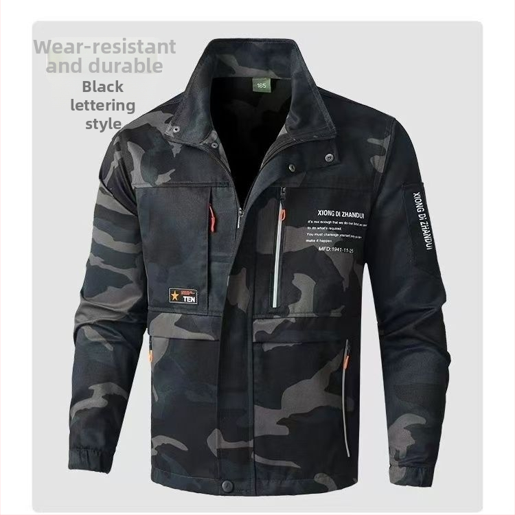 Costum de lucru exterior cu camuflaj pentru bărbați – buzunare mari, țesătură din amestec de bumbac (45% bumbac), căptușeală din bumbac (45%), respirabil, primăvară-toamnă, pentru atelier/fabrica (țesătură din amestec de bumbac; 45% bumbac în materialul de