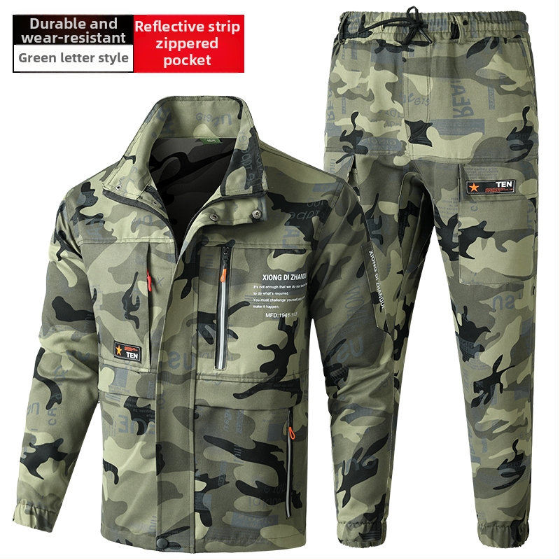 Costum de lucru exterior cu camuflaj pentru bărbați – buzunare mari, țesătură din amestec de bumbac (45% bumbac), căptușeală din bumbac (45%), respirabil, primăvară-toamnă, pentru atelier/fabrica (țesătură din amestec de bumbac; 45% bumbac în materialul de