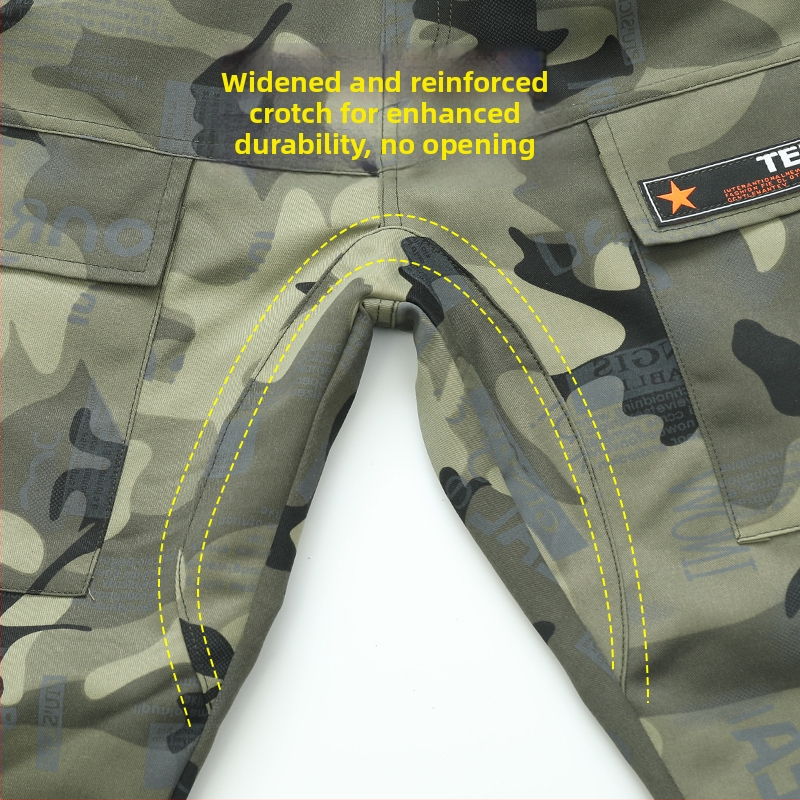 Costum de lucru exterior cu camuflaj pentru bărbați – buzunare mari, țesătură din amestec de bumbac (45% bumbac), căptușeală din bumbac (45%), respirabil, primăvară-toamnă, pentru atelier/fabrica (țesătură din amestec de bumbac; 45% bumbac în materialul de