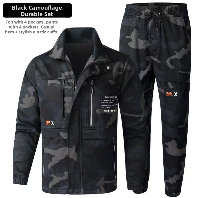 Costum de lucru exterior cu camuflaj pentru bărbați – buzunare mari, țesătură din amestec de bumbac (45% bumbac), căptușeală din bumbac (45%), respirabil, primăvară-toamnă, pentru atelier/fabrica (țesătură din amestec de bumbac; 45% bumbac în materialul de