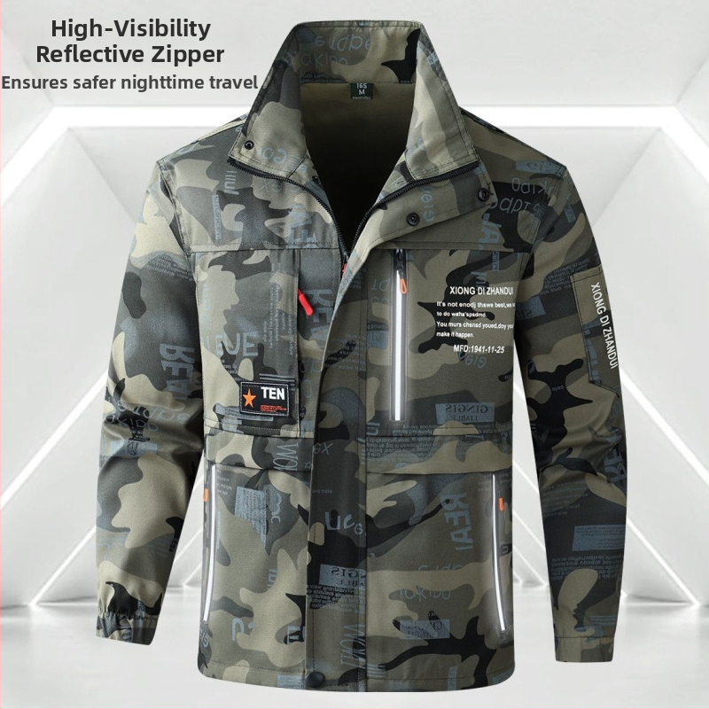 Costum de lucru exterior cu camuflaj pentru bărbați – buzunare mari, țesătură din amestec de bumbac (45% bumbac), căptușeală din bumbac (45%), respirabil, primăvară-toamnă, pentru atelier/fabrica (țesătură din amestec de bumbac; 45% bumbac în materialul de