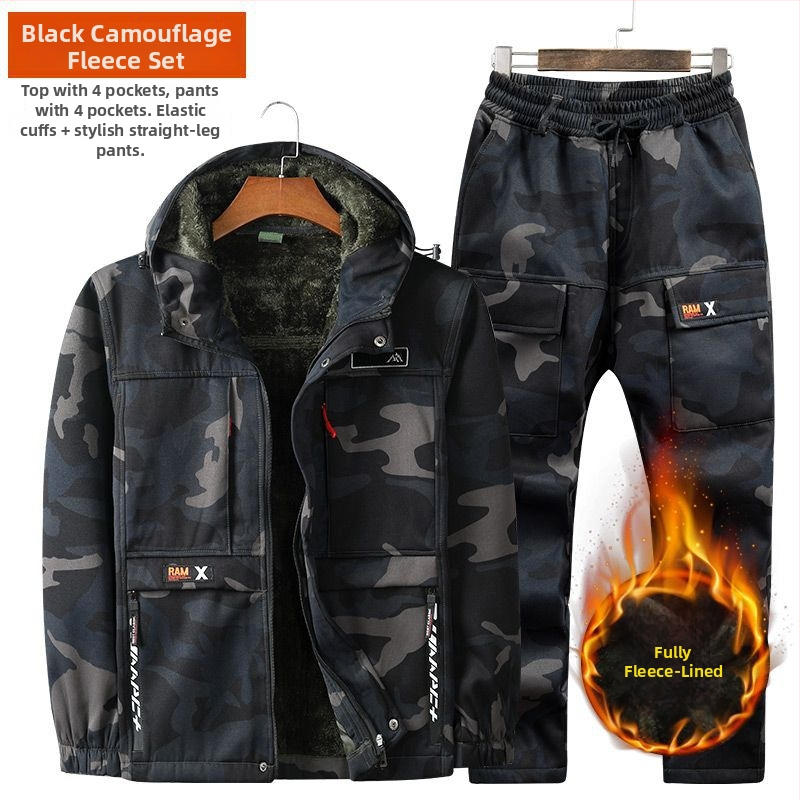 Costum de lucru exterior cu camuflaj pentru bărbați – buzunare mari, țesătură din amestec de bumbac (45% bumbac), căptușeală din bumbac (45%), respirabil, primăvară-toamnă, pentru atelier/fabrica (țesătură din amestec de bumbac; 45% bumbac în materialul de