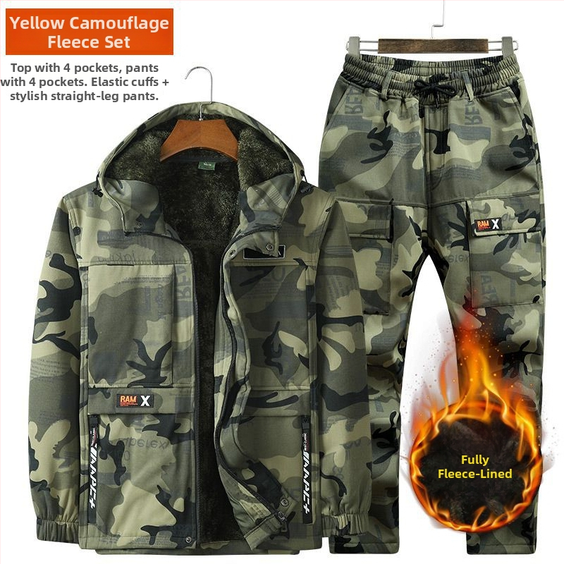 Costum de lucru exterior cu camuflaj pentru bărbați – buzunare mari, țesătură din amestec de bumbac (45% bumbac), căptușeală din bumbac (45%), respirabil, primăvară-toamnă, pentru atelier/fabrica (țesătură din amestec de bumbac; 45% bumbac în materialul de